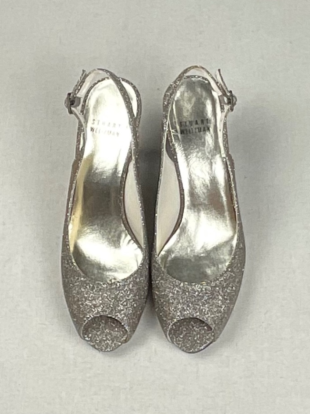 Stuart Weitzman Pewter Glitter Peep Toe Slingback Heels Size 7